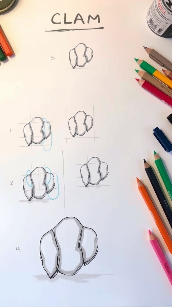 Step-by-step clam drawing tutorial with sketches and art supplies on a workspace.
